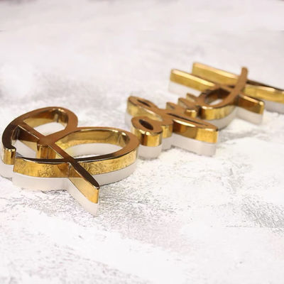 Signage Logo Bisnis Cermin Emas Stainless Steel Menyala etalase