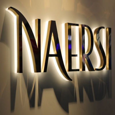 Signage Logo Bisnis Cermin Emas Stainless Steel Menyala etalase