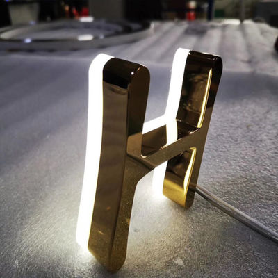 Signage Logo Bisnis Cermin Emas Stainless Steel Menyala etalase