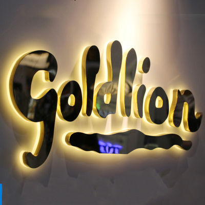 Signage Logo Bisnis Cermin Emas Stainless Steel Menyala etalase